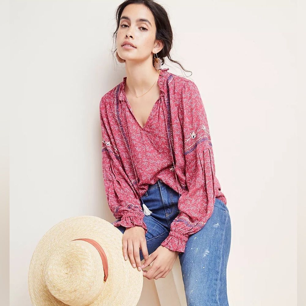Dolan Left Coast Romantic Amelia Blouse Embroidered Tassels Raspberry Floral L
